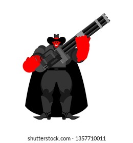Devil evil Cowboy and Minigun. Wild West Demon gunfighter. Angry Western daemon