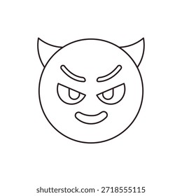 Cara púrpura malvada del diablo con cuernos sonriente con cuernos travesura Travieso Halloween Emoji símbolo símbolo icono Ilustración vectorial aislada plana