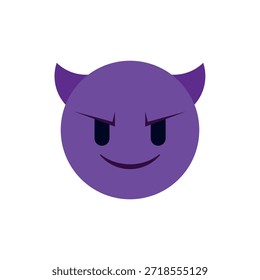 Cara púrpura malvada del diablo con cuernos sonriente con cuernos travesura Travieso Halloween Emoji símbolo símbolo icono Ilustración vectorial aislada plana