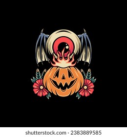 Ilustración Retro De Ojo Diablo Y Calabaza Para Mercancías