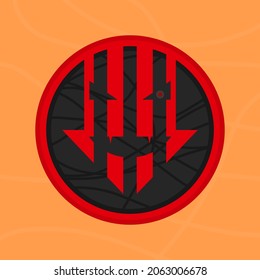 Devil face arrow emblem isolated on orange background.