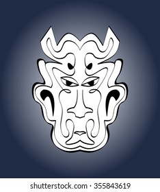 Devil face, carnival mask. Monochromatic calligraphic symmetric drawing on dark blue gradient background. Vector illustration
