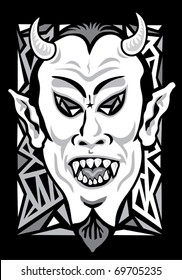 Devil face cartoon in black & white with decorative background /  Devil face