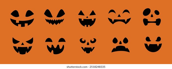 devil face character set design, orange background, pumpkins silhouette, editable vector eps 10.