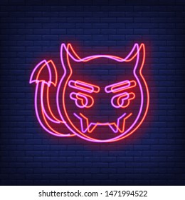 Devil face neon sign with chromatic aberration effect. Advertising design. Night bright neon sign, colorful billboard, light banner. Vector illustration in neon style.