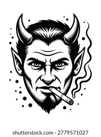 Devil Face Portrait with Horns and Smoking Cigar in Vintage Tattoo Style for Dark Fantasy