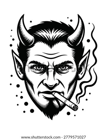 Devil Face Portrait with Horns and Smoking Cigar in Vintage Tattoo Style for Dark Fantasy