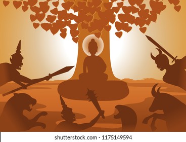 Devil Fight To Lord Of Buddha To Stop To Enlighten After That They Were Lost The Lord,Buddha Biography,silhouette Design,vector Illustration