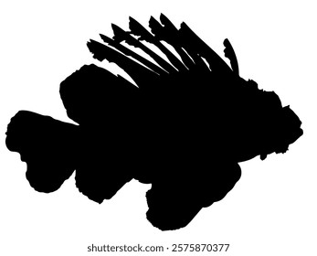 Devil firefish black silhouette icon isolated on white background, profile view. Pterois miles funny tropical fish dark shadow logo, side view. Common lionfish dark sign, vector flat design eps 10