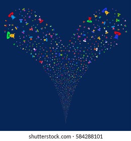 Devil fireworks stream. Vector illustration style is flat bright multicolored iconic symbols on a blue background. Object double fountain made from random symbols.
