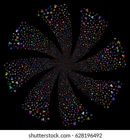 Devil fireworks swirl rotation. Vector illustration style is flat bright multicolored iconic symbols on a black background. Object flower done from random symbols.