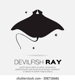 Devil Fish Ray. Vector Silhouette Of Sea Creatures.