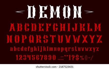 Devil Font, Demon Typeface Alphabet Or Horror Typography, Vector Evil Letters. Bloody Red Retro Gothic Text, Satan Devil Font Typeface For Hell Movie Thriller Or Demon Game, Script With Devil Horns