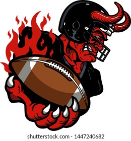 Devil Football Mascot Holding Flaming Ball In Hand For School, College Or League