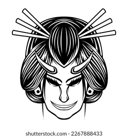 Devil Geisha Girl Black And Whitw Drawing Mascot Logo design vector illustration in Modern Style Design