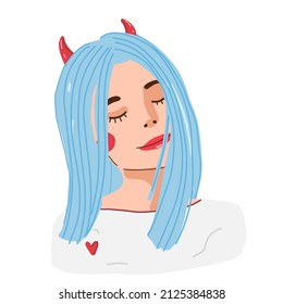 devil girl with blue hair. Female with red horns headband. Cartoon Sticker for feminine theme fesign.