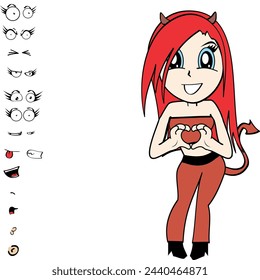 diablo chica chibi colección de expresiones de dibujos animados en formato vector