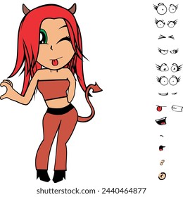 diablo chica chibi colección de expresiones de dibujos animados en formato vector
