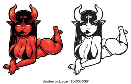 devil girl with a cigarette in a black bikini lying on her belly