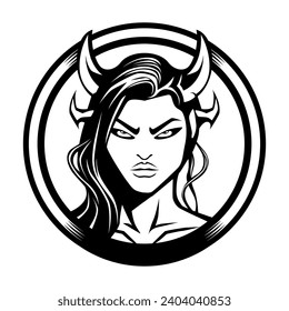 Devil girl drawing vector black and white drawing