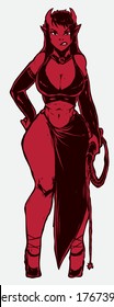 a devil girl in a dress stands on her heels with a whip in her hand