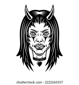 Devil girl head with horns vector monochrome illustration in vintage style isolated on white background