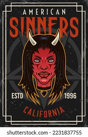 Devil girl head vintage colored poster with text american sinners. Vector decorative template illustration