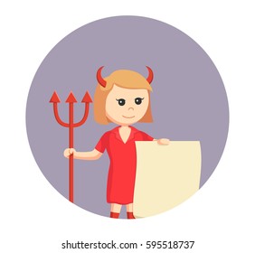 devil girl holding empty sheet in circle background