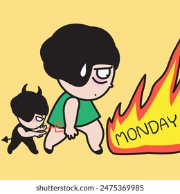 A Devil Girl Holding A Pitchfork Behind Herself To Monday Fire Flames Concept Card Character illustration