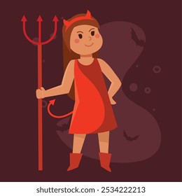 Devil girl with horns and trident for Halloween celebrations, Vector