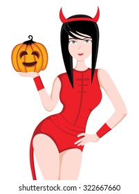 Devil Girl With with pumpkin. Halloween theme.