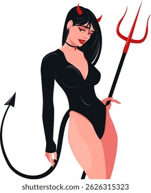 Garota do diabo com chifres vermelhos cauda e tridente nas mãos, mulher no traje do diabo para halloween. Ilustração do vetor de estoque