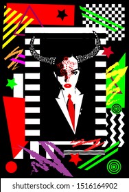 Devil Girl with tie, tuxedo and horns, colorful background 