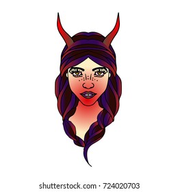 Devil girl vector illustration. Doodle style. Design icon, print, logo, poster, symbol, decor, textile, paper.
