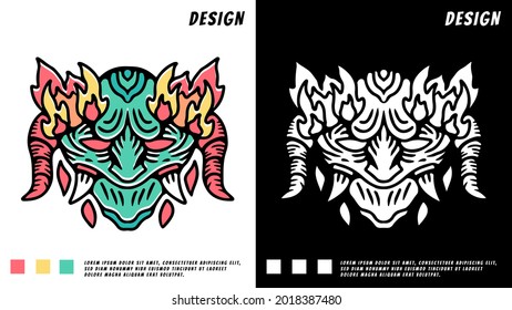 devil goblin head and fire in retro style. illustration for t shirt, poster, logo, sticker, or apparel merchandise.