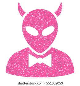 Devil grainy textured icon for overlay watermark stamps. Flat symbol with dirty texture. Dotted vector pink ink rubber seal stamp with grunge design on a white background.