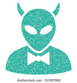 Devil grainy textured icon for overlay watermark stamps. Flat symbol with dirty texture. Dotted vector cyan ink rubber seal stamp with grunge design on a white background.