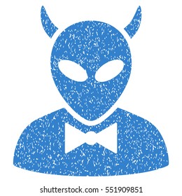 Devil grainy textured icon for overlay watermark stamps. Flat symbol with scratched texture. Dotted vector cobalt ink rubber seal stamp with grunge design on a white background.