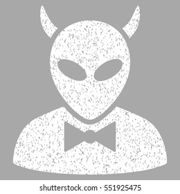 Devil grainy textured icon for overlay watermark stamps. Flat symbol with unclean texture. Dotted vector white ink rubber seal stamp with grunge design on a silver background.