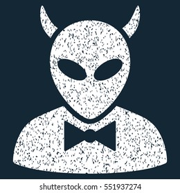 Devil grainy textured icon for overlay watermark stamps. Flat symbol with dirty texture. Dotted vector white ink rubber seal stamp with grunge design on a dark blue background.