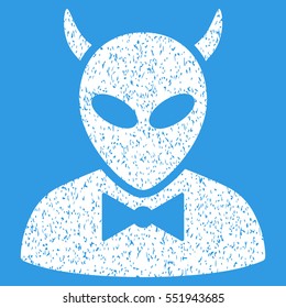 Devil grainy textured icon for overlay watermark stamps. Flat symbol with scratched texture. Dotted vector white ink rubber seal stamp with grunge design on a blue background.