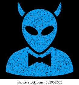 Devil grainy textured icon for overlay watermark stamps. Flat symbol with dirty texture. Dotted vector blue ink rubber seal stamp with grunge design on a black background.