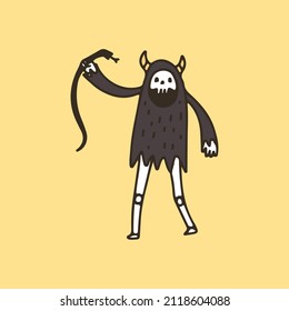 Devil Grim Reaper Skull holding snake, illustration for t-shirt, poster, sticker, or apparel merchandise. With retro cartoon style.