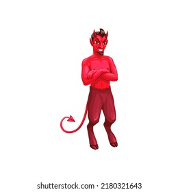 Devil Halloween creepy character, vector imp male personage. Cartoon fiend of hell creature with red skin, horns, peaky tail and goat hoofed legs stand with crossed arms. Autumn holiday satan creature