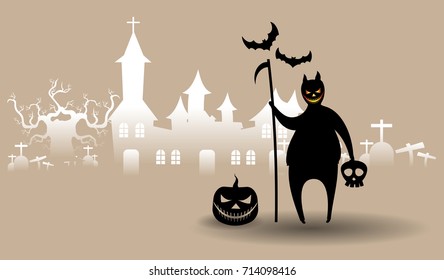 Devil halloween vector cartoon character with castle background, illustration eps 10