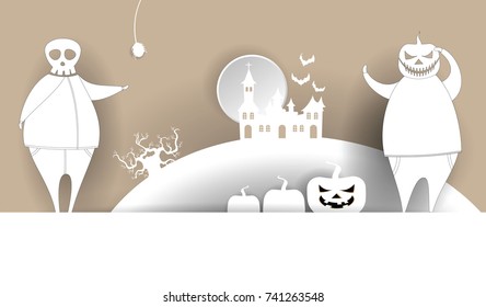 Devil halloween vector cartoon character in paper art with castle background illustration EPS 10
