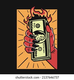 devil hand illustration holding burning money