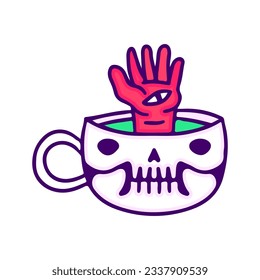 Devil hand inside a skull mug, illustration for t-shirt, sticker, or apparel merchandise. With doodle, retro, and cartoon style.