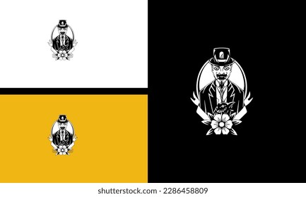 devil with hat and flowers vector line art design