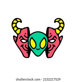 Devil head with alien face inside. Illustration for street wear, t shirt, poster, logo, sticker, or apparel merchandise. Retro and pop art style.